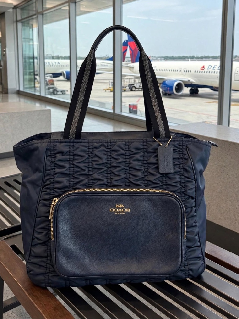 Coach Court Quilted Dark Navy Tote with Front Zip Pocket and Gold Accents